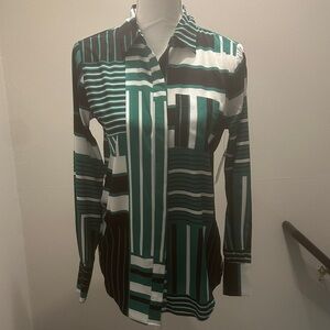 Nine West Green Black White Striped Geometric Button-Up Blouse